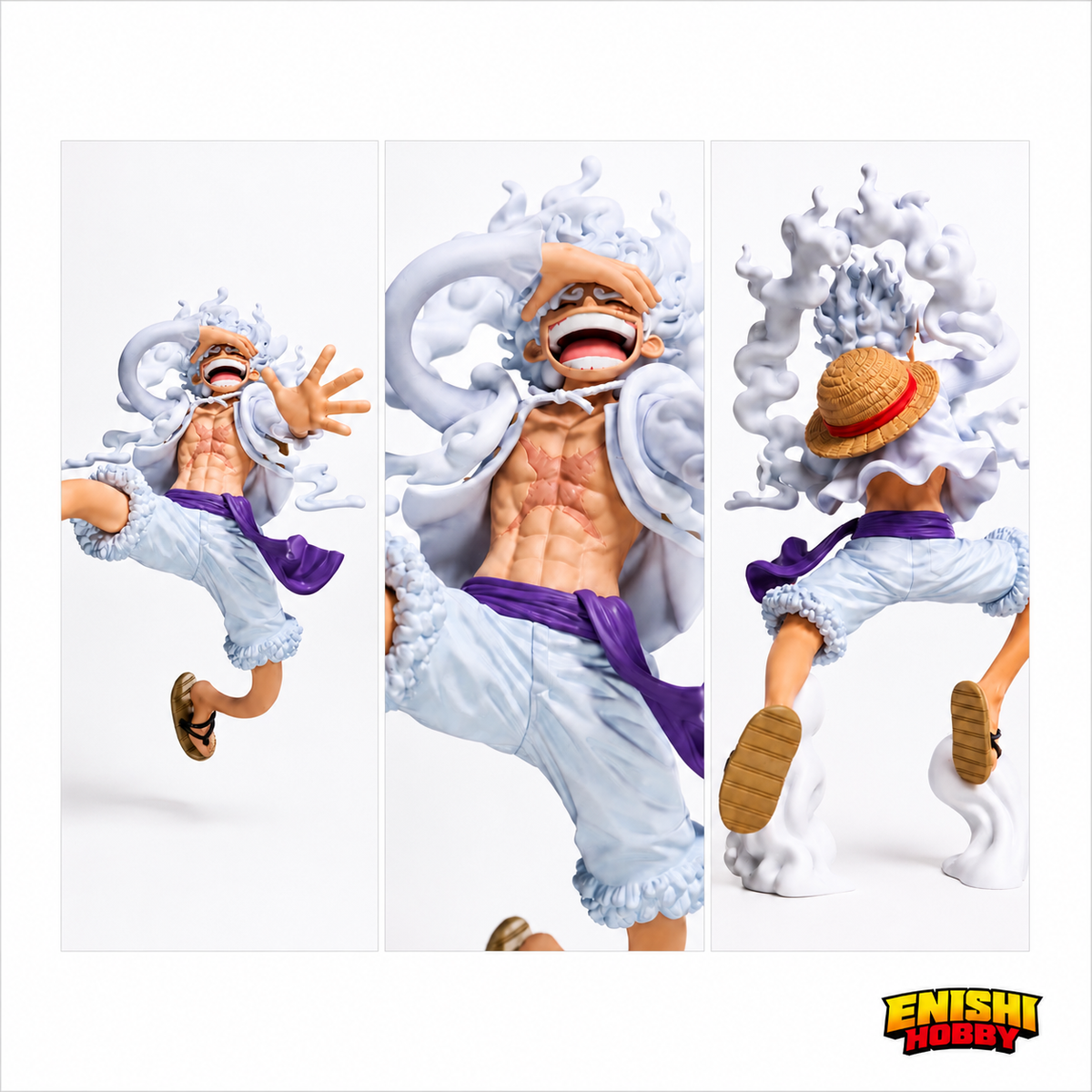 Monkey D. Luffy Gear 5 Grandista GEAR5-III figure shown from front, close-up, and rear angles on white background revealing cloud-like white hair and straw hat detail, Banpresto ONE PIECE collectible, ENISHI HOBBY
