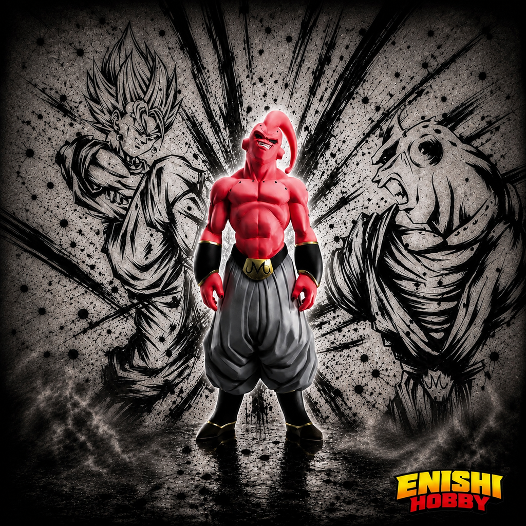 Super Buu Pure Evil Dragon Ball Z Ichiban Kuji MASTERLISE Prize F figure standing in menacing pose against black and white manga sketch background with Gotenks and Fat Buu faces on either side, crimson red muscular body with gold Majin belt buckle, Bandai Namco collectible, ENISHI HOBBY
