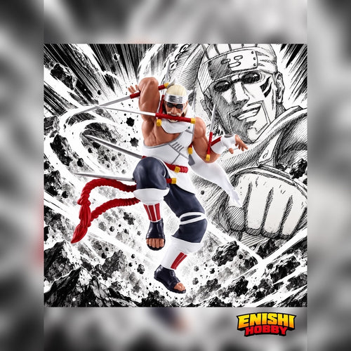 NARUTO Shippuden Killer Bee figure in a multi-sword battle pose against a manga-style background with the ENISHI HOBBY logo.
