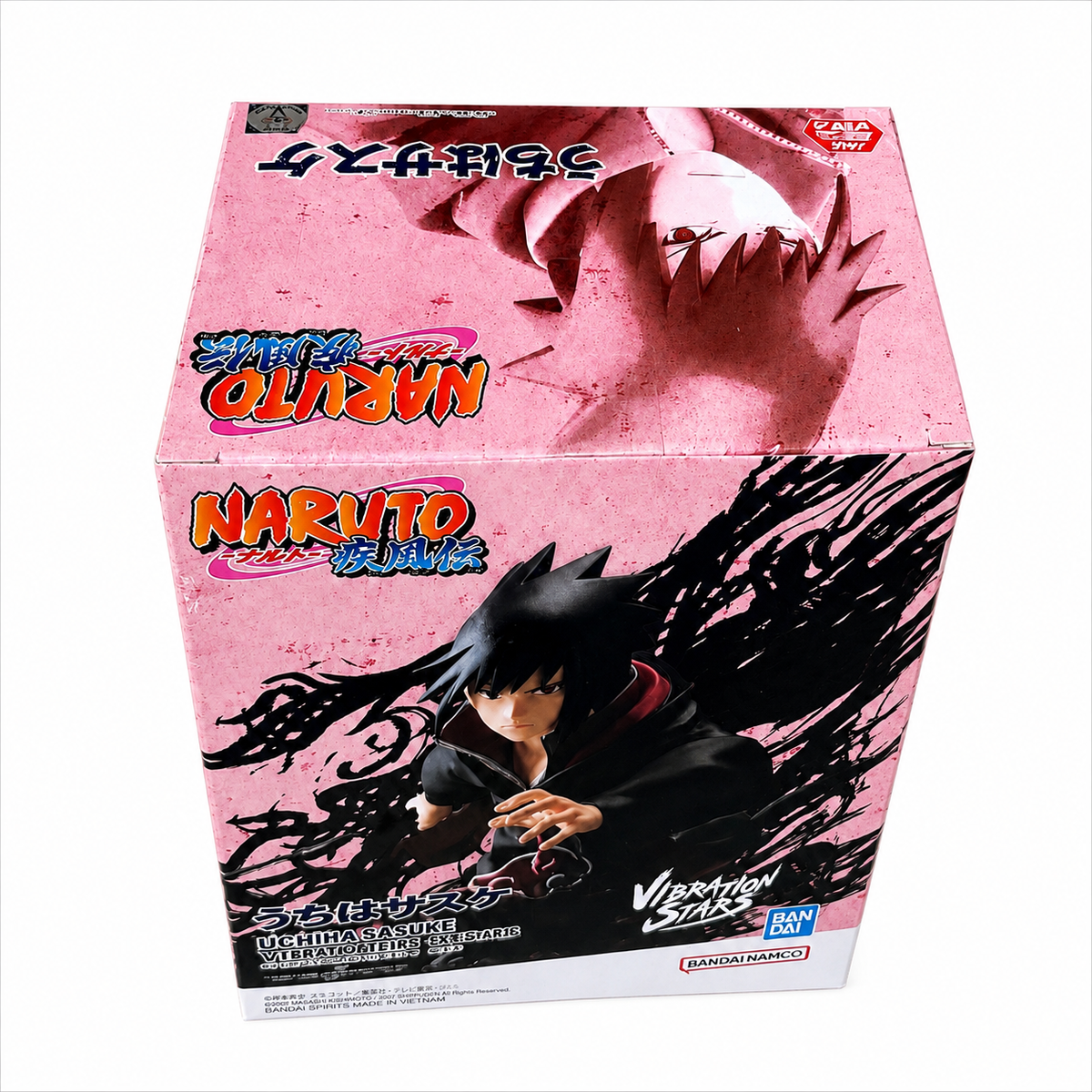 NARUTO Shippuden Vibration Stars Uchiha Sasuke II figure box front with Sasuke in Akatsuki cloak reaching forward on pink background, bold Vibration Stars brush lettering top right, red Akatsuki cloud logo center, Bandai Namco Banpresto collectible
