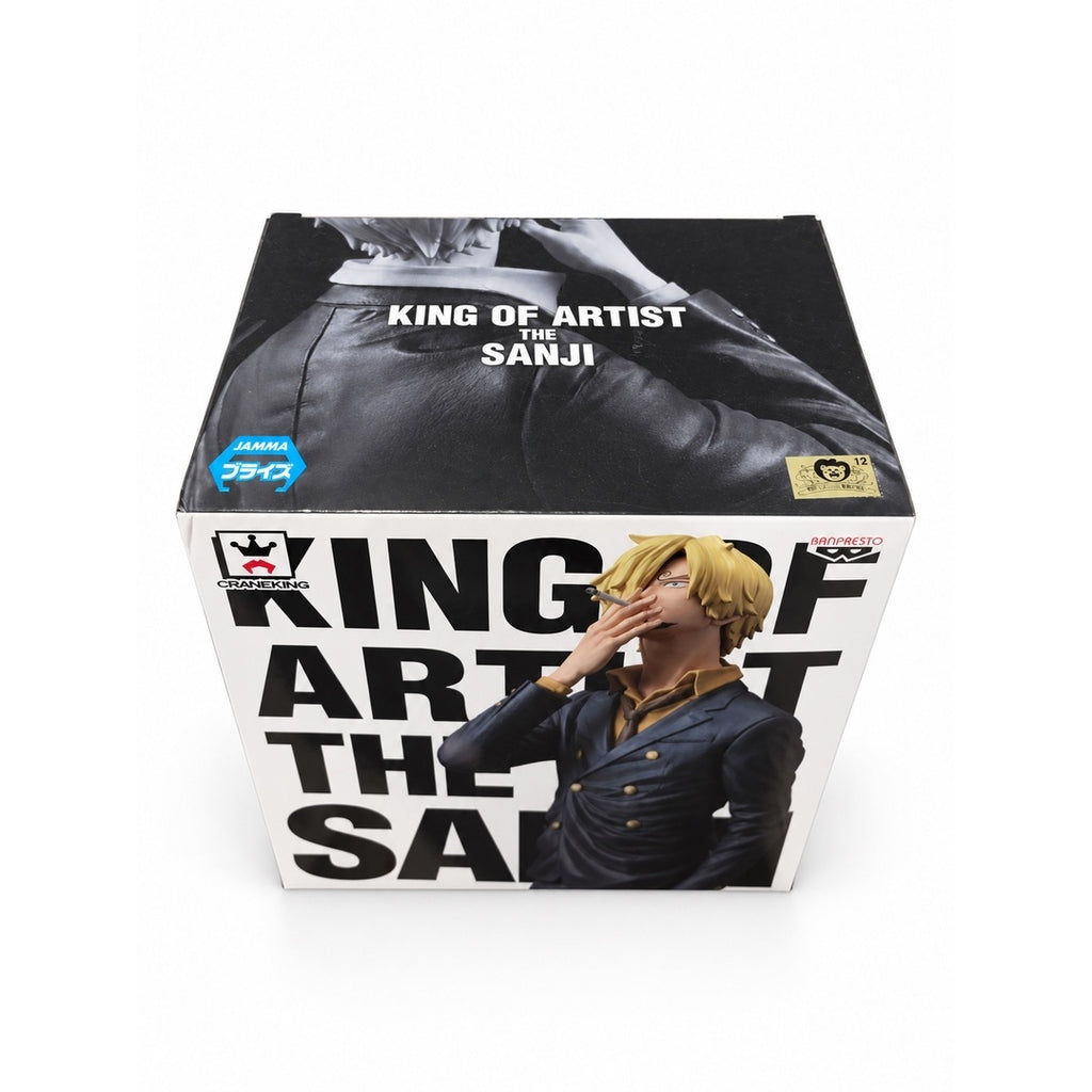 Angled view of the ONE PIECE KING OF ARTIST THE SANJI box showing the top panel, front artwork, and gold sticker.