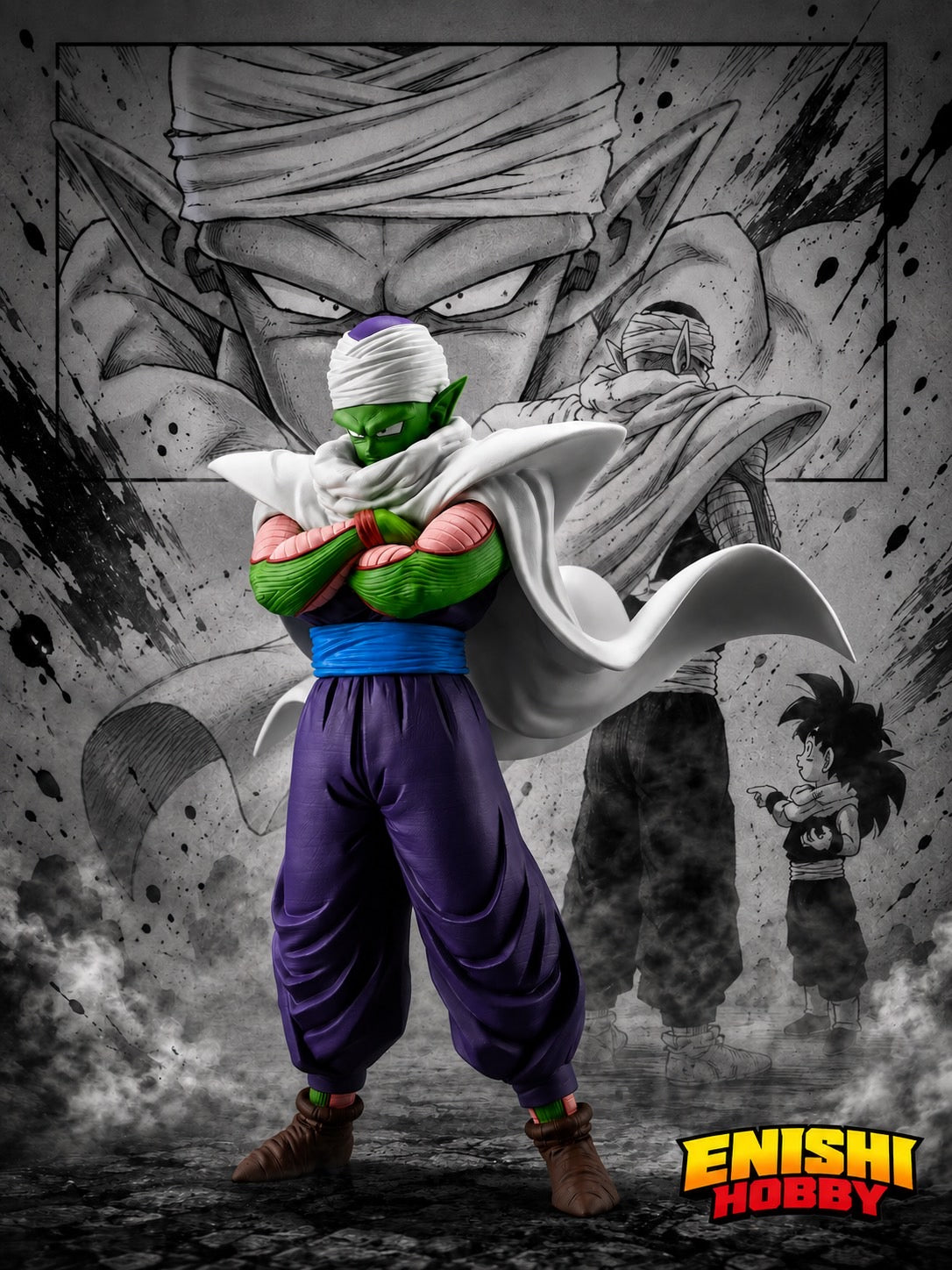 Dragon Ball Z SOLID EDGE WORKS -THE Departure- Piccolo figure standing with arms crossed against a dramatic manga-style background featuring Gohan, by BANDAI SPIRITS (BANPRESTO).
