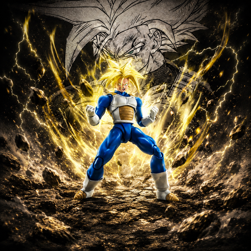 S.H.Figuarts Super Saiyan Trunks Infinite Latent Super Power figure box front showing figure in package with interchangeable parts, Dragon Ball Z Bandai Spirits collectible
