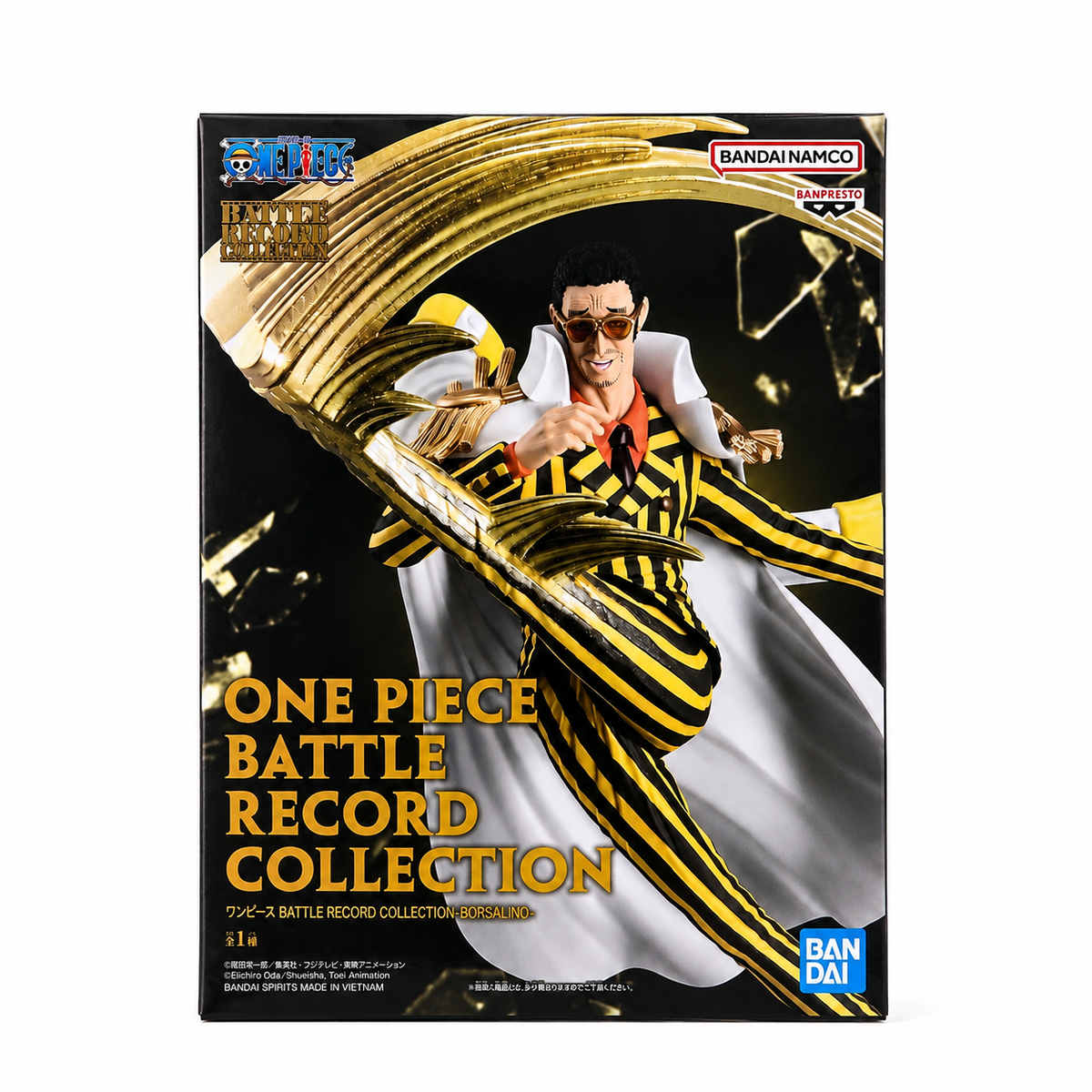 ONE PIECE Battle Record Collection Borsalino Kizaru figure box front with gold and black dramatic artwork showing light speed kick pose, Bandai Namco Banpresto collectible
