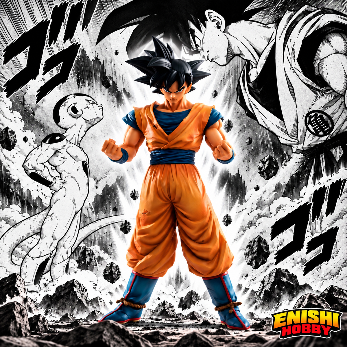 Son Goku Grandista Resolution of Soldiers #2 figure in battle stance with clenched fists against Dragon Ball Z manga panel background featuring Frieza and Piccolo, Banpresto large-scale collectible, ENISHI HOBBY
