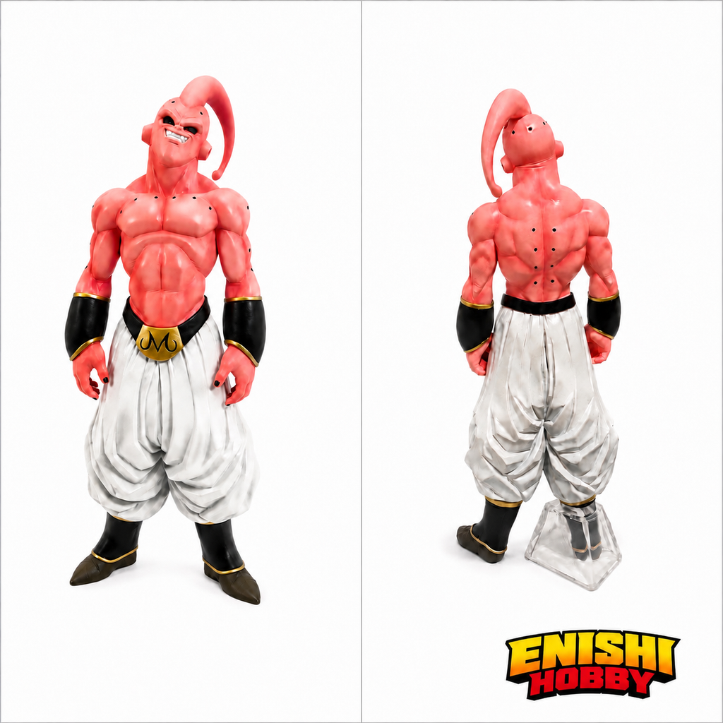 Dragon Ball Z Ichiban Kuji MASTERLISE Super Buu Pure Evil figure shown from front and rear on white background revealing full crimson red muscular body, white baggy pants, black wristbands with gold trim, single pink antenna, snarling teeth, and clear acrylic display stand, Bandai Spirits collectible, ENISHI HOBBY
