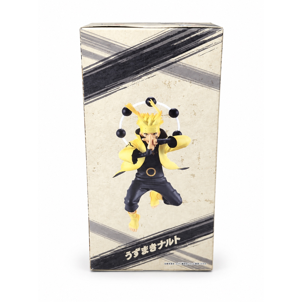 Side panel of the VIBRATION STARS Naruto V box showing the full figure in a midair hand-sign pose with Truth-Seeking Orbs.