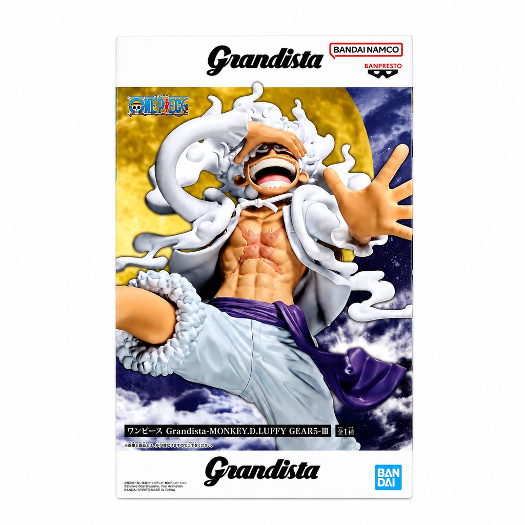 ONE PIECE Grandista Monkey D. Luffy GEAR5-III figure box front with golden full moon night sky artwork, Bandai Namco Banpresto collectible
