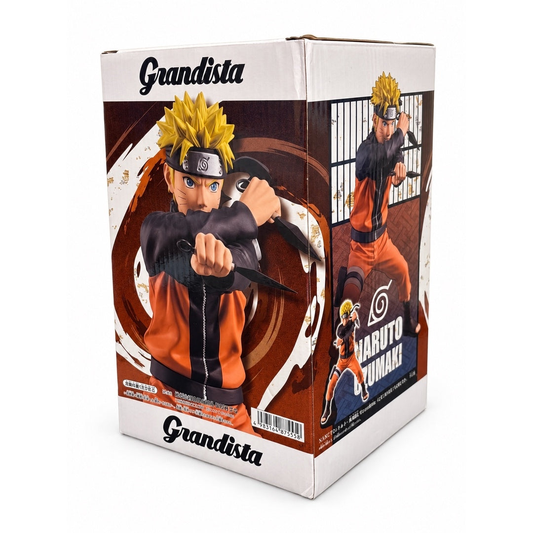 Angled rear and side view of the Naruto Uzumaki Grandista box showing a close-up of his kunai pose and a full-body figure image.
