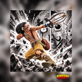 ONE PIECE Usopp figure aiming his slingshot against a manga-style background with flying rocks and the ENISHI HOBBY logo.