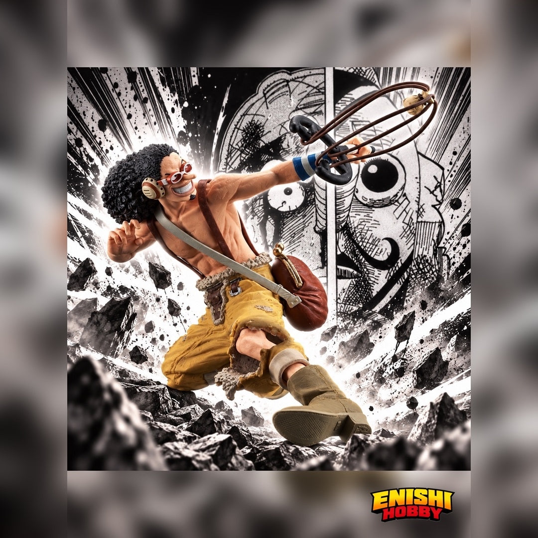 ONE PIECE Usopp figure aiming his slingshot against a manga-style background with flying rocks and the ENISHI HOBBY logo.