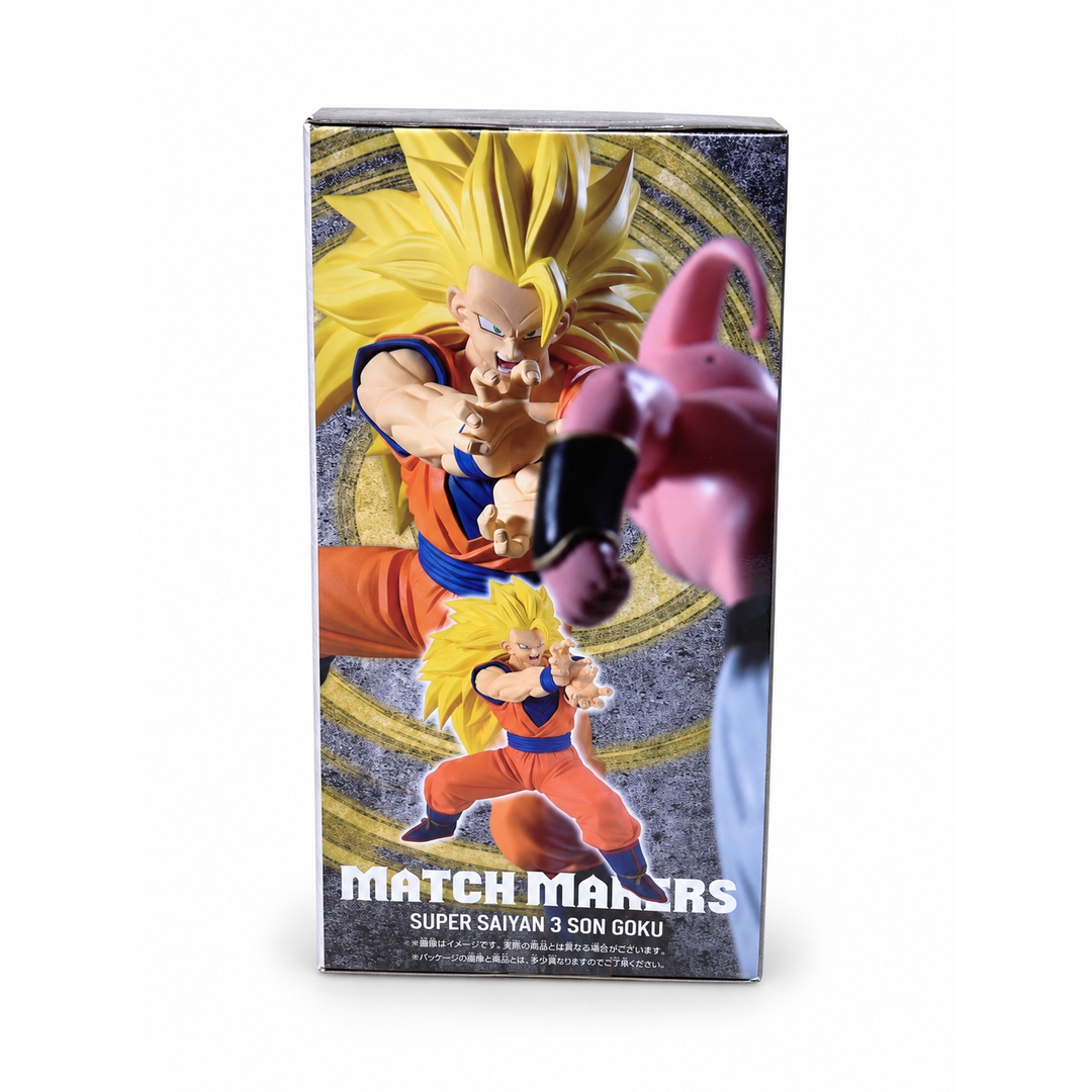 Dragon Ball Z Match Makers Super Saiyan 3 Son Goku figure box back showing dramatic battle scene with large Super Saiyan 3 Goku face-to-face with Pure Evil Buu pink head on golden spiral background, small full figure reference image at bottom center, MATCH MAKERS SUPER SAIYAN 3 SON GOKU title, Japanese product disclaimer text, Bandai Spirits collectible

