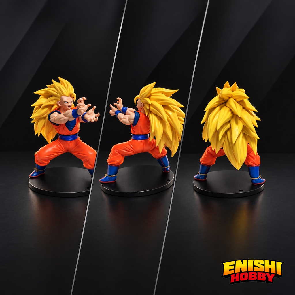 Dragon Ball Z Match Makers Super Saiyan 3 Son Goku figure shown from front, left side, and rear on dark studio background revealing full body detail with massive golden floor-length Super Saiyan 3 hair, orange gi with blue belt and wristbands, wide battle stance with both hands raised in clawing attack pose, black round display base, Banpresto Bandai Spirits collectible, ENISHI HOBBY
