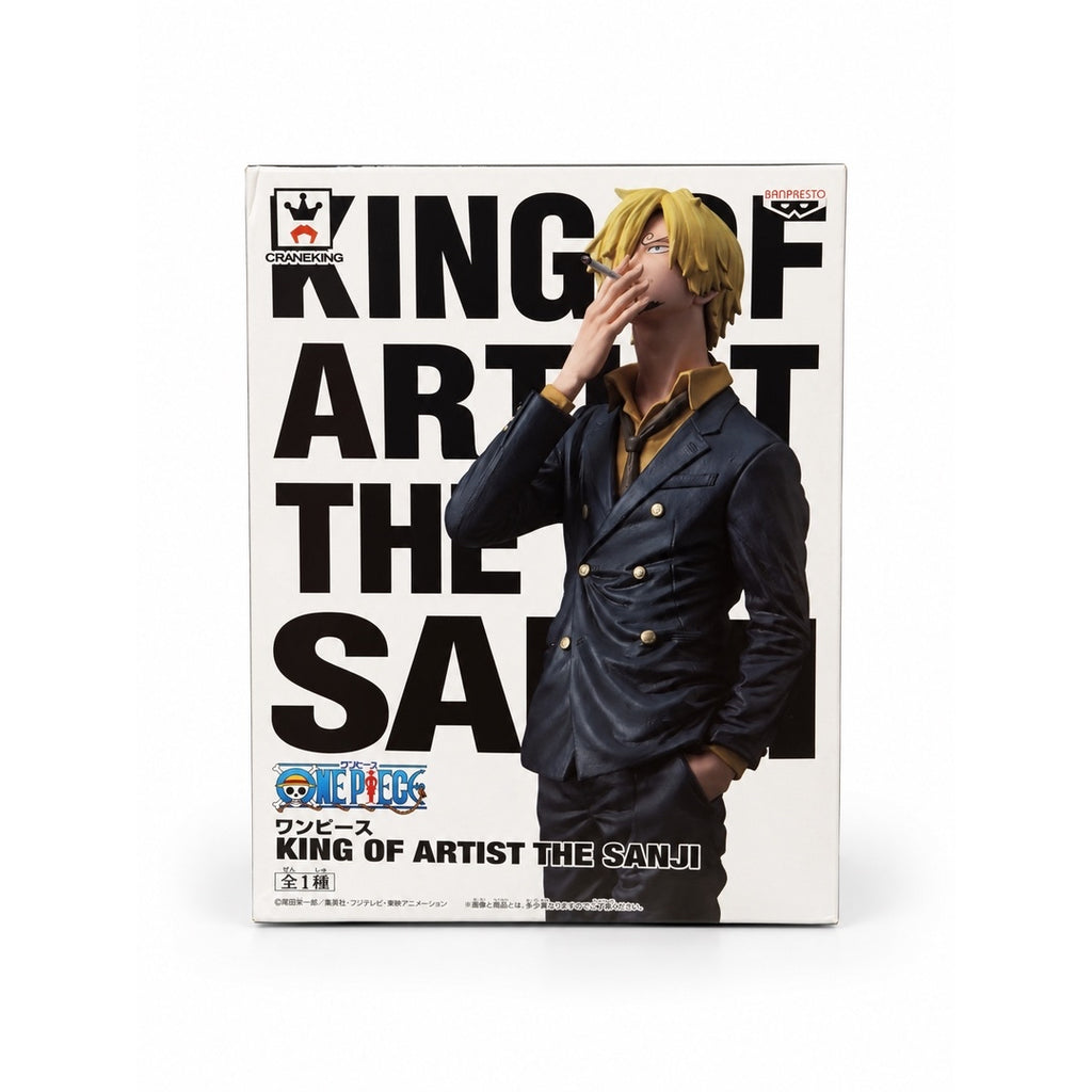 Front of the Banpresto ONE PIECE KING OF ARTIST THE SANJI box showing Sanji in a suit with one hand in his pocket.
