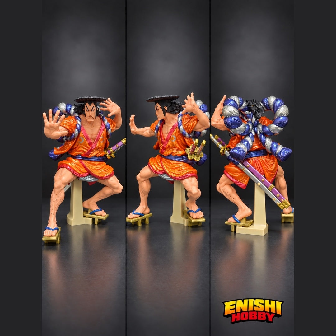 Front, side, and rear views of the KING OF ARTIST Kozuki Oden Special Ver. figure showing his orange robe, swords, rope, and support stand.