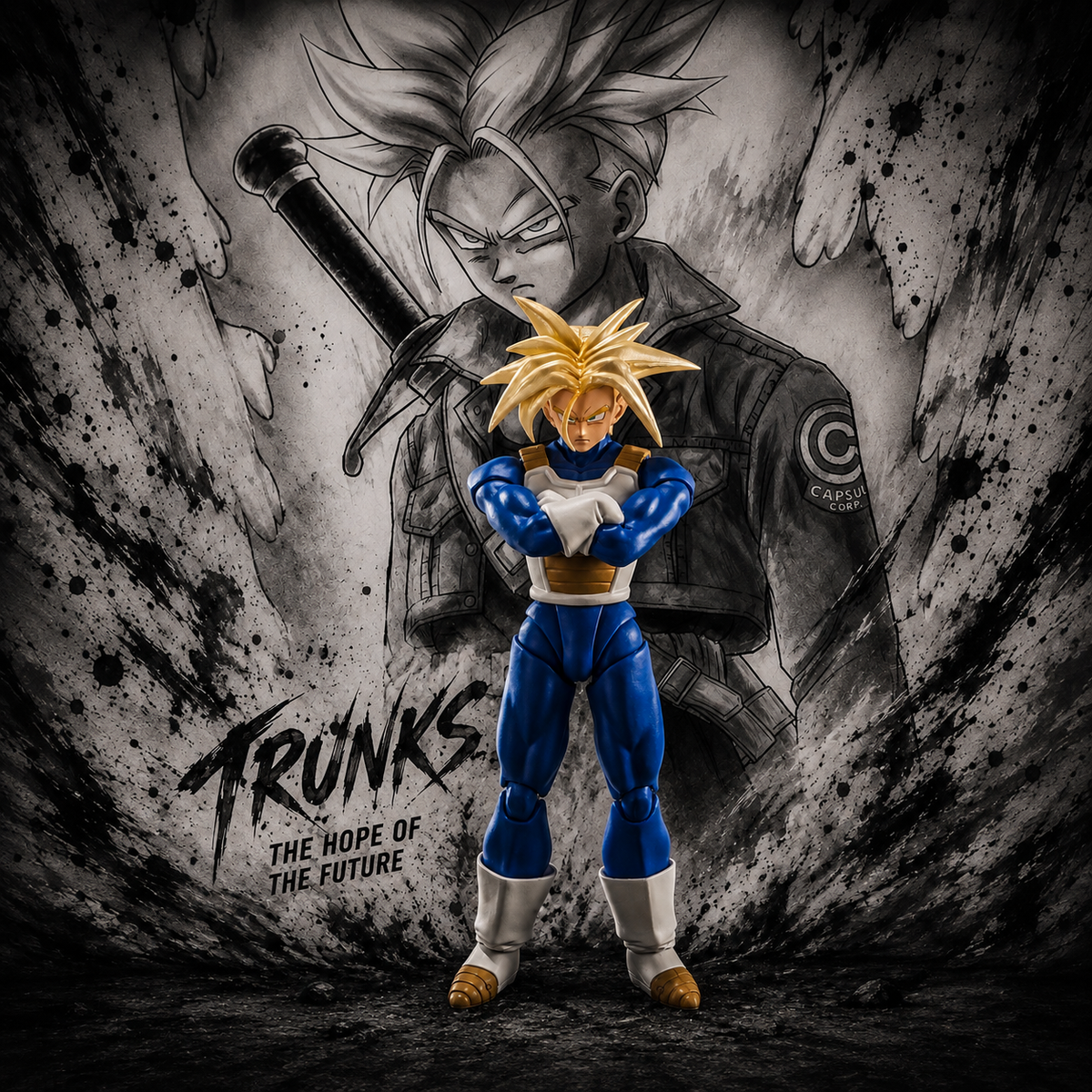 S.H.Figuarts Super Saiyan Trunks figure arms crossed in confident stance with manga-style background and "Trunks The Hope of the Future" text, Dragon Ball Z Bandai Tamashii Nations collectible, ENISHI HOBBY
