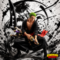 Roronoa Zoro King of Artist Special Ver. figure seated in combat-ready pose holding three swords Wado Ichimonji, Sandai Kitetsu and Enma against dramatic ink
