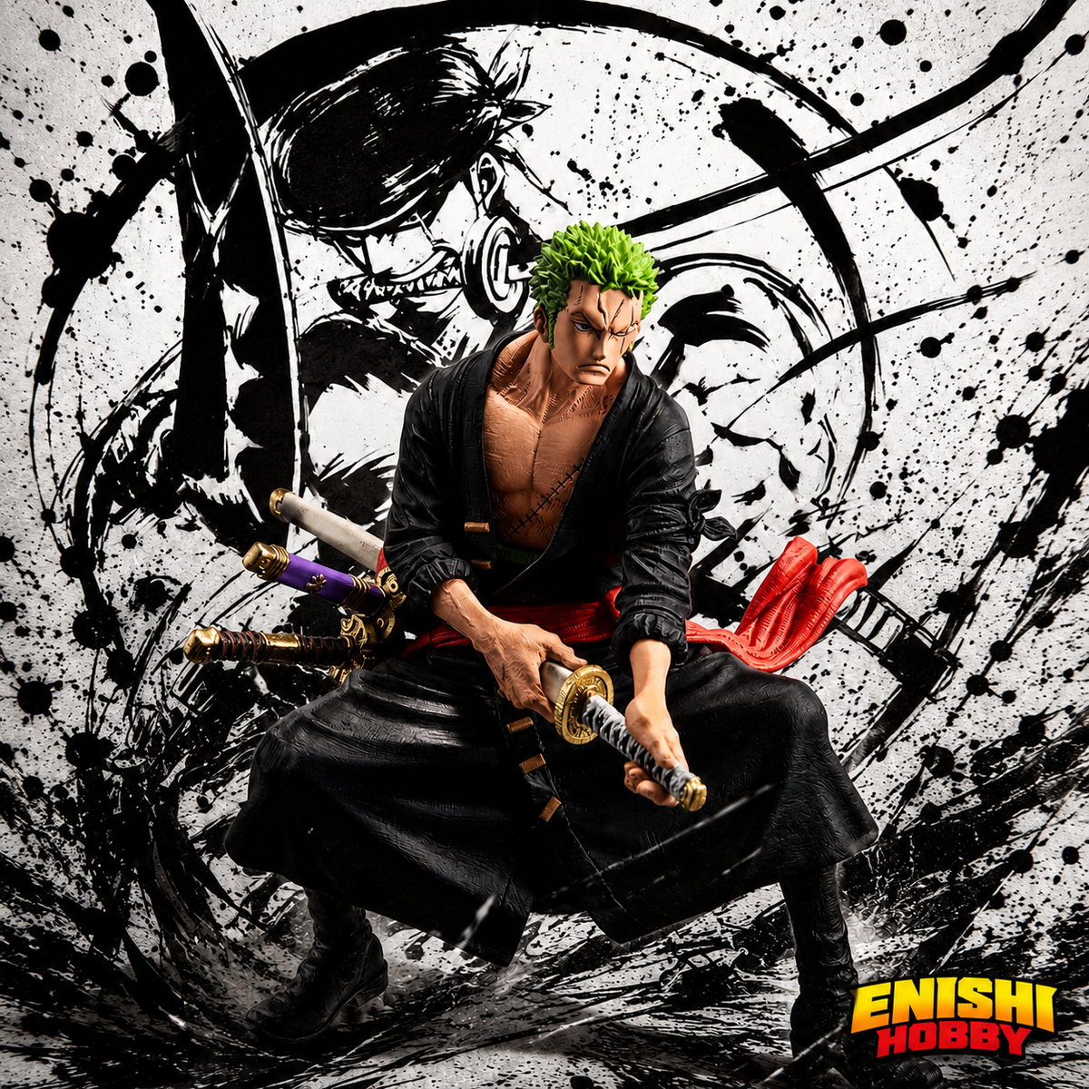 Roronoa Zoro King of Artist Special Ver. figure seated in combat-ready pose holding three swords Wado Ichimonji, Sandai Kitetsu and Enma against dramatic ink
