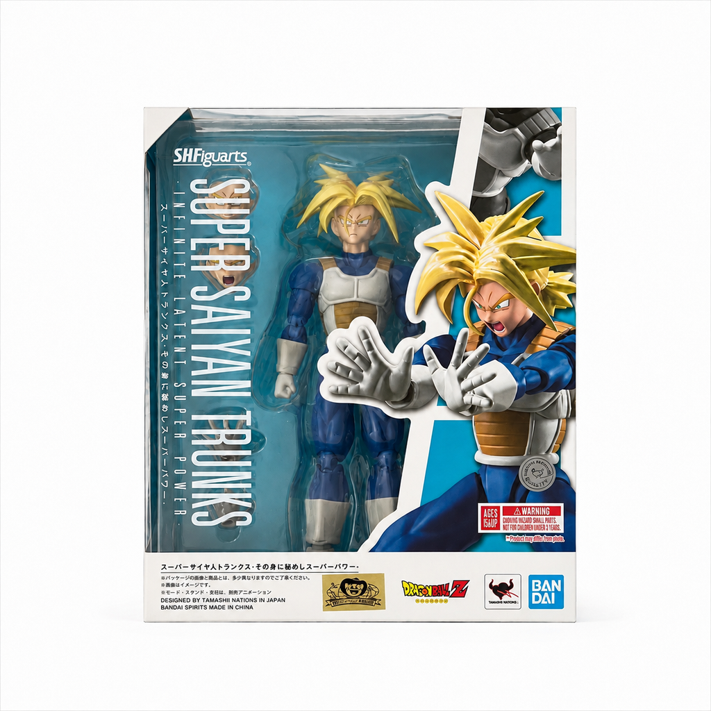 S.H.Figuarts Super Saiyan Trunks Infinite Latent Super Power figure box front showing figure in package with interchangeable parts, Dragon Ball Z Bandai Spirits collectible
